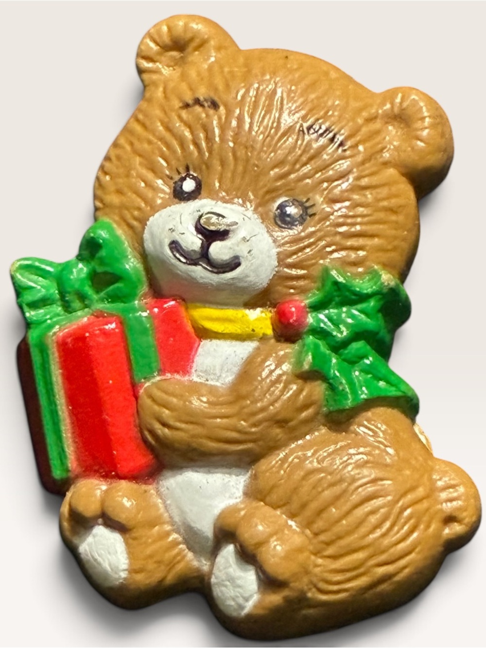 Russ Bear Brooch with Red Present and Green Holly